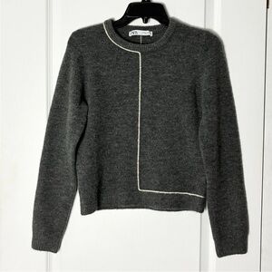Nwot Zara Sweater Women M Wool Grey Contrast-White-Stripe/Piping Crewneck